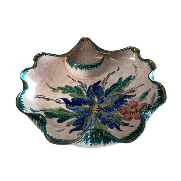 Vintage Italian Hand Craft Pottery Bowl Gold Edges Italy 5485 Blue Red Flower Se - Picture 1 of 8